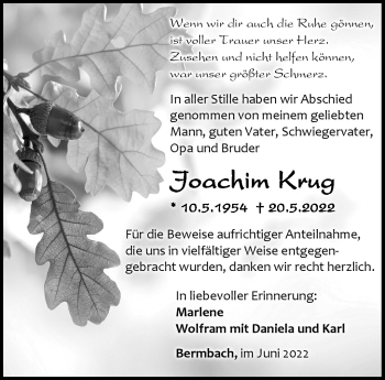 Traueranzeige von Joachim Krug von Südthüringer Presse