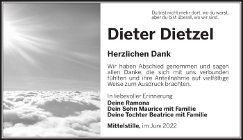 Traueranzeige von Dieter Dietzel von Südthüringer Presse