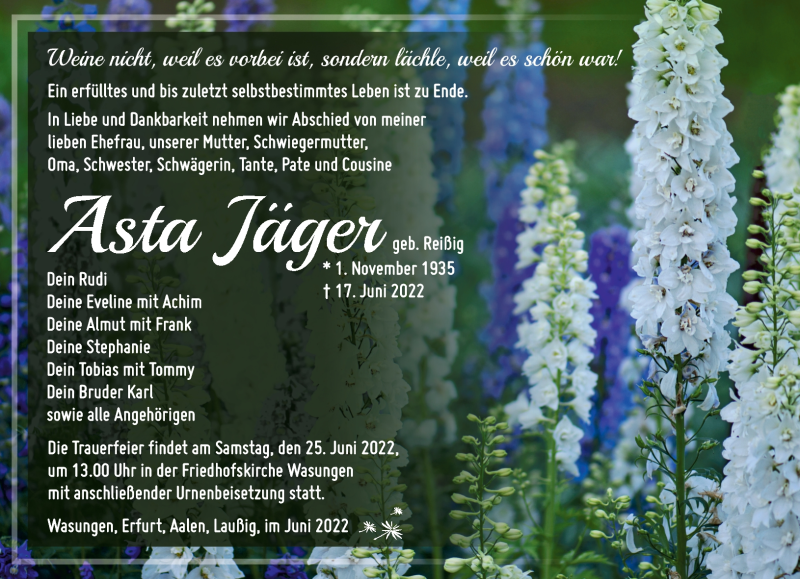  Traueranzeige für Asta Jäger vom 23.06.2022 aus Südthüringer Presse