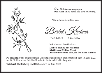 Traueranzeige von Bärbel Kirchner von Südthüringer Presse
