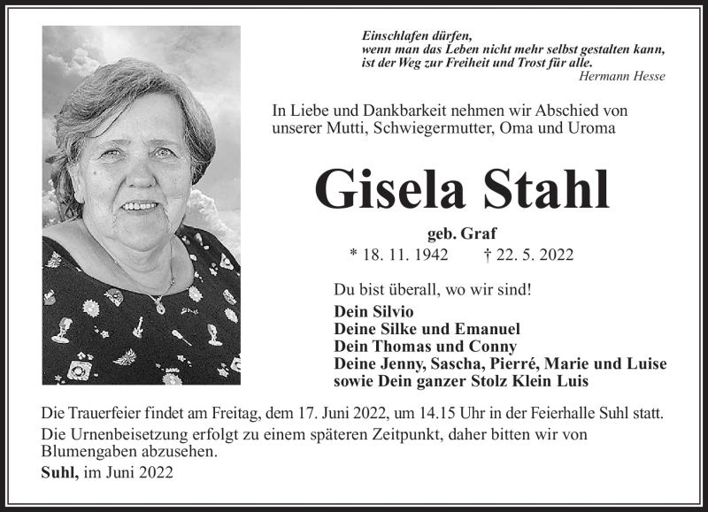  Traueranzeige für Gisela Stahl vom 04.06.2022 aus Südthüringer Presse