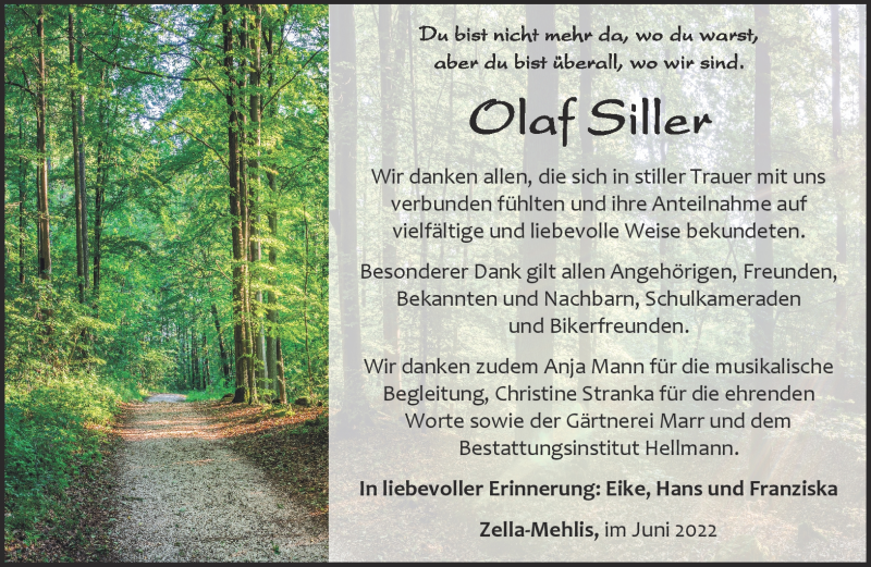  Traueranzeige für Olaf Siller vom 04.06.2022 aus Südthüringer Presse