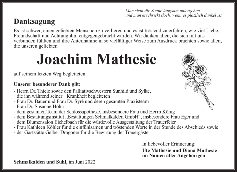  Traueranzeige für Joachim Mathesie vom 11.06.2022 aus Südthüringer Presse