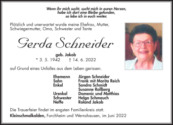Traueranzeige von Gerda Schneider von Südthüringer Presse