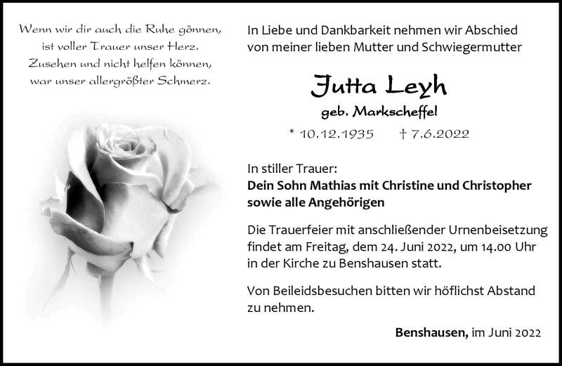  Traueranzeige für Jutta Leyh vom 18.06.2022 aus Südthüringer Presse