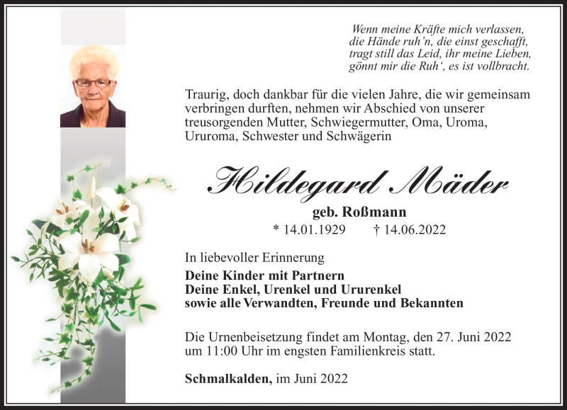  Traueranzeige für Hildegard Mäder vom 25.06.2022 aus Südthüringer Presse