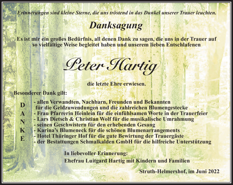  Traueranzeige für Peter Hartig vom 18.06.2022 aus Südthüringer Presse