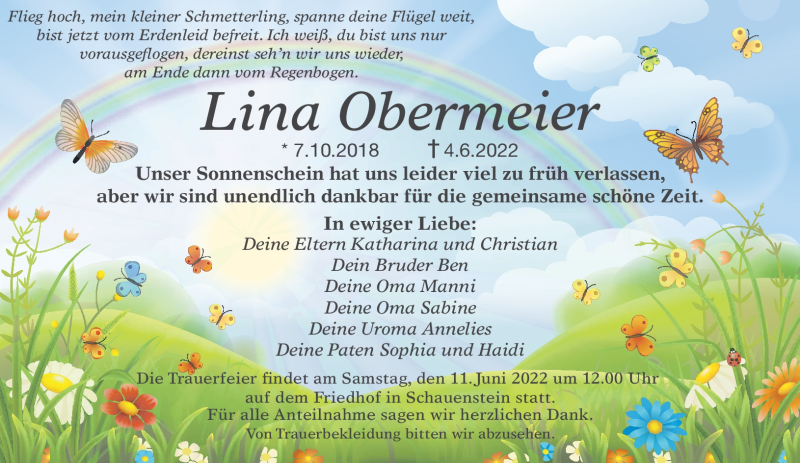  Traueranzeige für Lina Obermeier vom 10.06.2022 aus Frankenpost