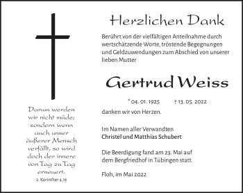 Traueranzeige von Gertrud Weiss von Südthüringer Presse