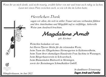 Traueranzeige von Magdalene Arndt von Südthüringer Presse