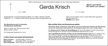 Traueranzeige von Gerda Krisch von Frankenpost