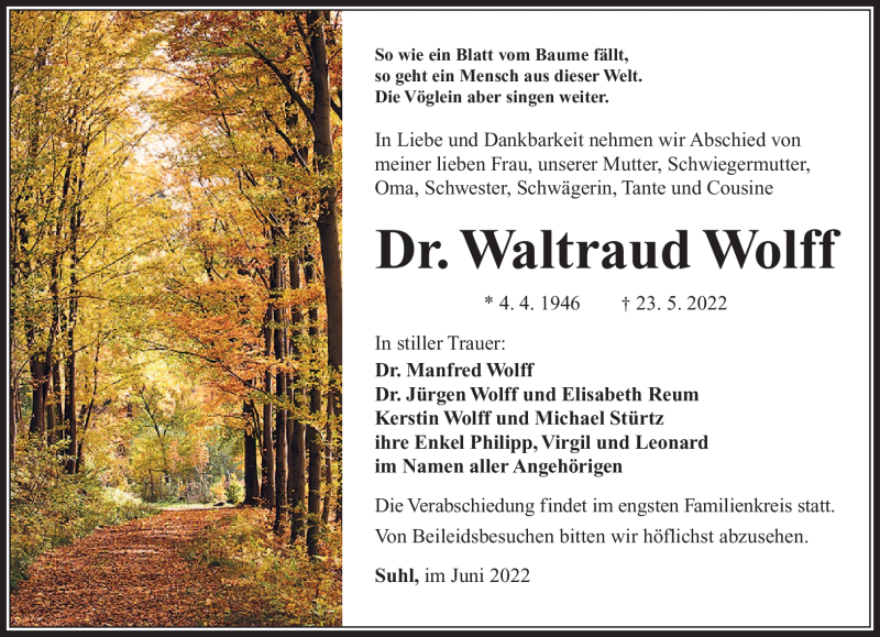  Traueranzeige für Waltraud Wolff vom 04.06.2022 aus Südthüringer Presse