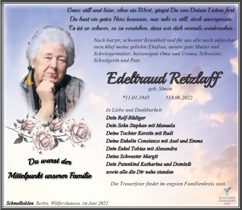 Traueranzeige von Edeltraud Retzlaff von Südthüringer Presse
