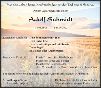 Traueranzeige von Adolf Schmidt von Südthüringer Presse