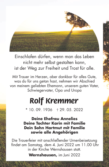 Traueranzeige von Rolf Kremmer von Südthüringer Presse