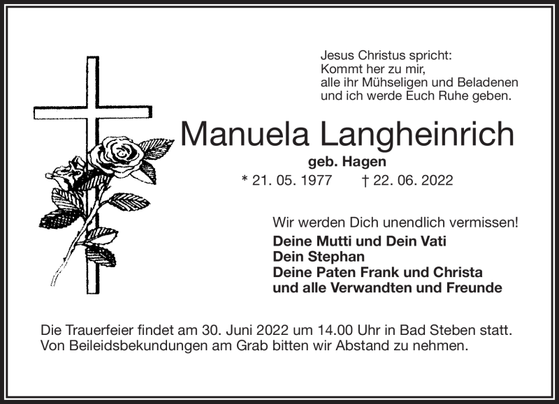  Traueranzeige für Manuela Langheinrich vom 28.06.2022 aus Frankenpost