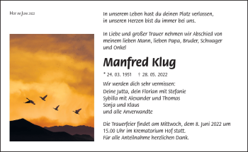 Traueranzeige von Manfred Klug von Frankenpost