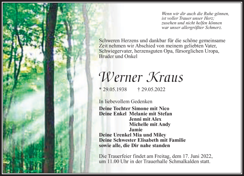  Traueranzeige für Werner Kraus vom 04.06.2022 aus Südthüringer Presse