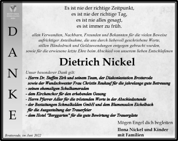 Traueranzeige von Dietrich Nickel von Südthüringer Presse
