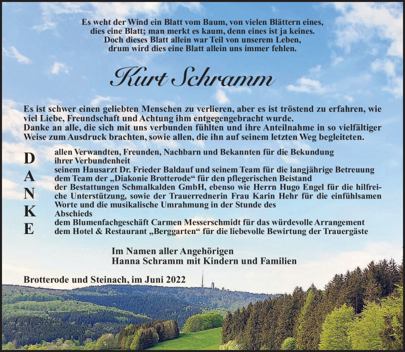  Traueranzeige für Kurt Schramm vom 04.06.2022 aus Südthüringer Presse