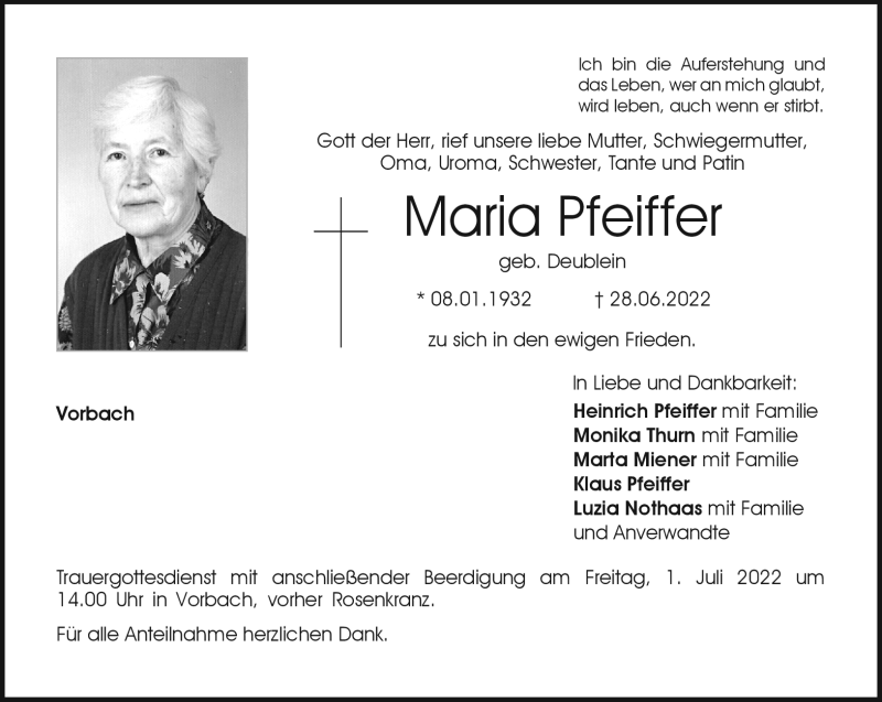  Traueranzeige für Maria Pfeiffer vom 30.06.2022 aus Neue Presse Coburg