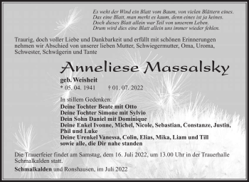 Traueranzeige von Anneliese Massalsky von Südthüringer Presse