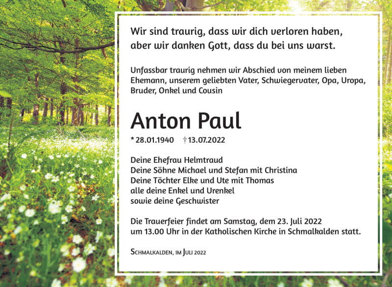  Traueranzeige für Anton Paul vom 20.07.2022 aus Südthüringer Presse