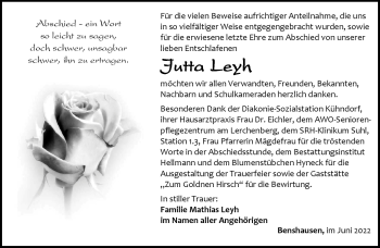Traueranzeige von Jutta Leyh von Südthüringer Presse
