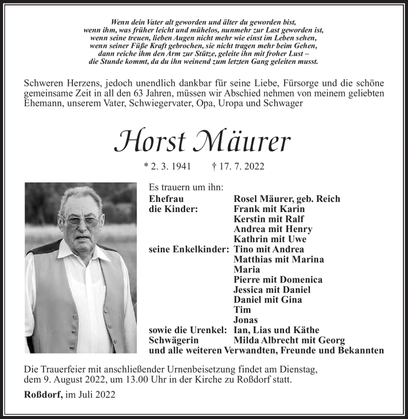  Traueranzeige für Horst Mäurer vom 30.07.2022 aus Südthüringer Presse