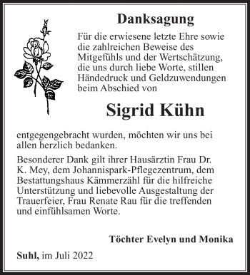 Traueranzeige von Sigrid Kühn von Südthüringer Presse
