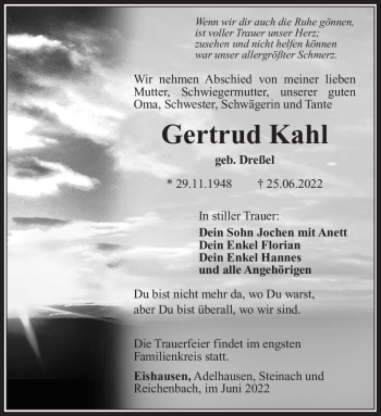 Traueranzeige von Gertrud Kahl von Südthüringer Presse