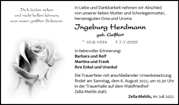 Traueranzeige von Ingeburg Herdmann von Südthüringer Presse