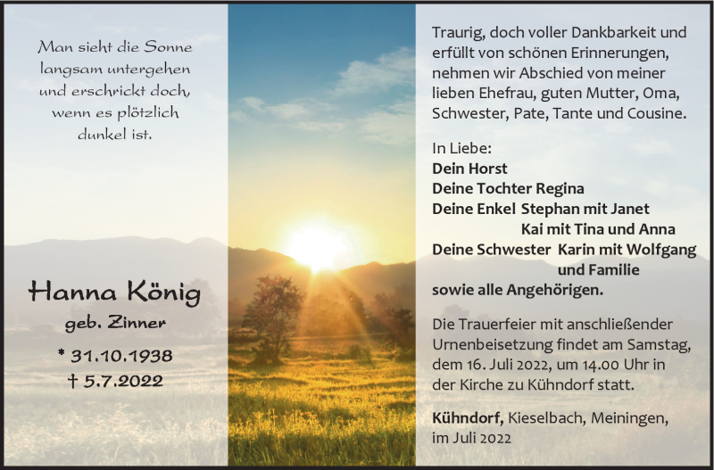  Traueranzeige für Hanna König vom 09.07.2022 aus Südthüringer Presse