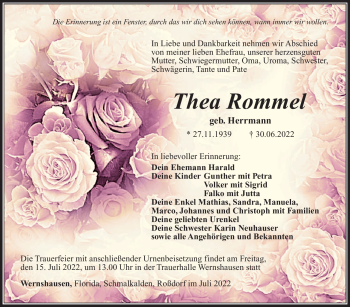 Traueranzeige von Thea Rommel von Südthüringer Presse