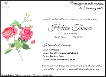 Traueranzeige von Helene Tanner von Südthüringer Presse
