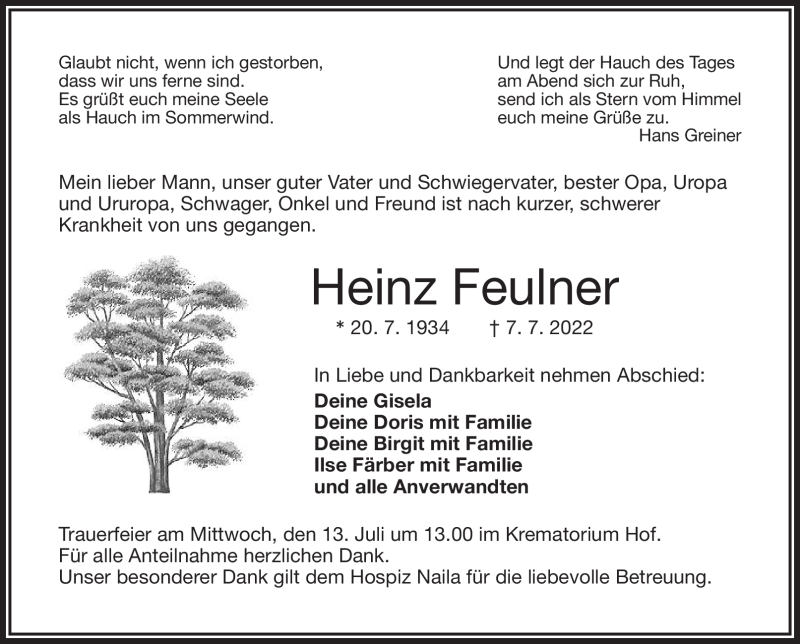  Traueranzeige für Heinz Feulner vom 12.07.2022 aus Frankenpost