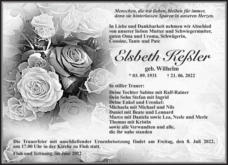  Traueranzeige für Elsbeth Keßler vom 02.07.2022 aus Südthüringer Presse