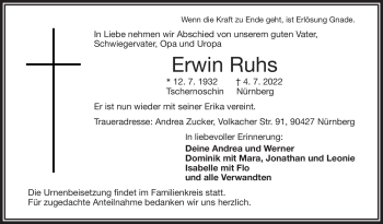 Traueranzeige von Erwin Ruhs von Frankenpost