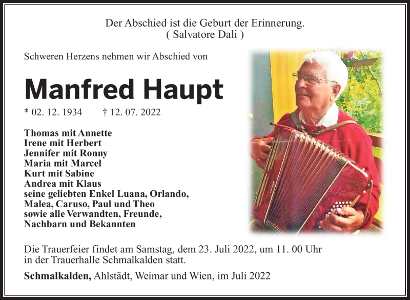  Traueranzeige für Manfred Haupt vom 16.07.2022 aus Südthüringer Presse