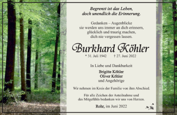 Traueranzeige von Burkhard Köhler von Südthüringer Presse