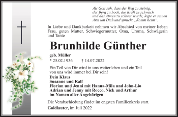 Traueranzeige von Brunhilde Günther von Südthüringer Presse