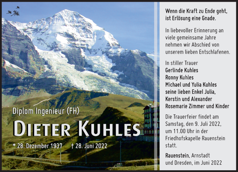  Traueranzeige für Dieter Kuhles vom 02.07.2022 aus Südthüringer Presse