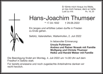 Traueranzeige von Hans-Joachim Thumser von Frankenpost