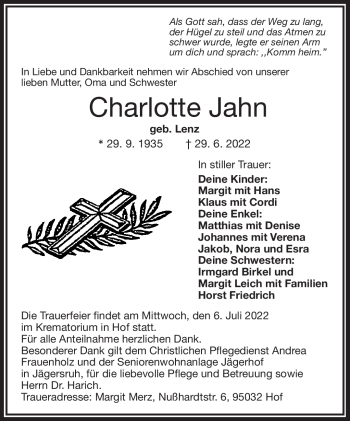 Traueranzeige von Charlotte Jahn von Frankenpost