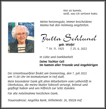 Traueranzeige von Jutta Schlund von Frankenpost