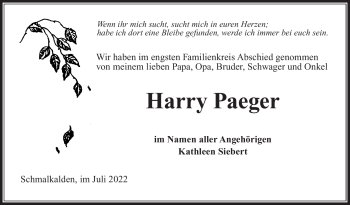 Traueranzeige von Harry Paeger von Südthüringer Presse
