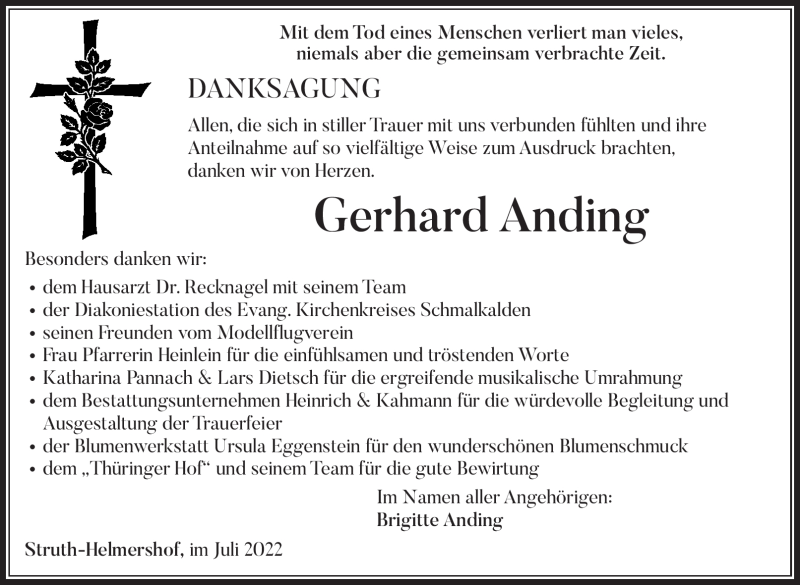  Traueranzeige für Gerhard Anding vom 23.07.2022 aus Südthüringer Presse