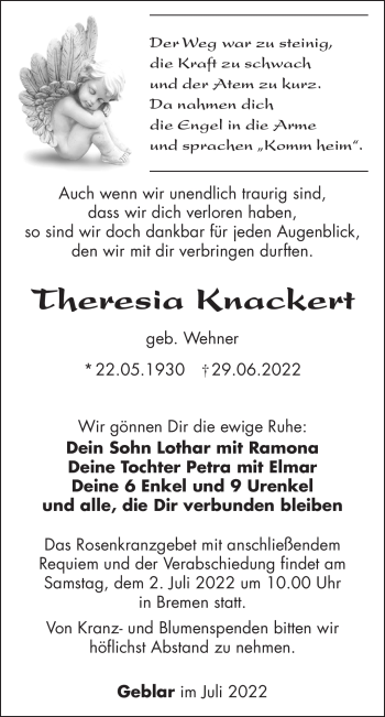 Traueranzeige von Theresia Knackert von Südthüringer Presse