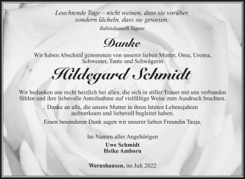 Traueranzeige von Hildegard Schmidt von Südthüringer Presse