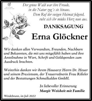 Traueranzeige von Erna Glöckner von Südthüringer Presse